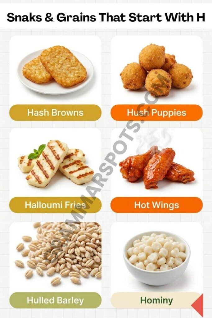 Complete list of Snacks, Appetizers and grains That Start With H